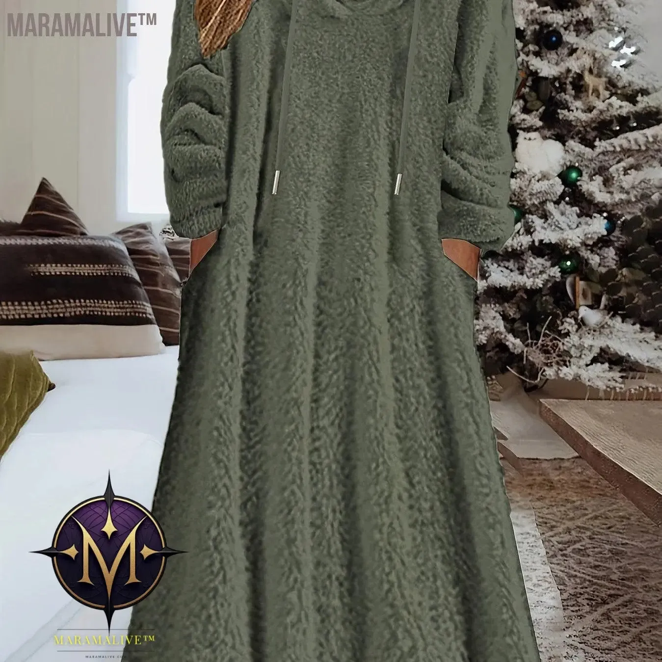 Plus Size Casual Dress, Women's Plus Solid Fleece Long Sleeve Drawstring Hooded Dress With Pockets