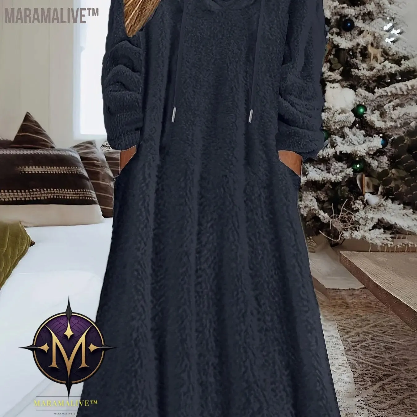 Plus Size Casual Dress, Women's Plus Solid Fleece Long Sleeve Drawstring Hooded Dress With Pockets