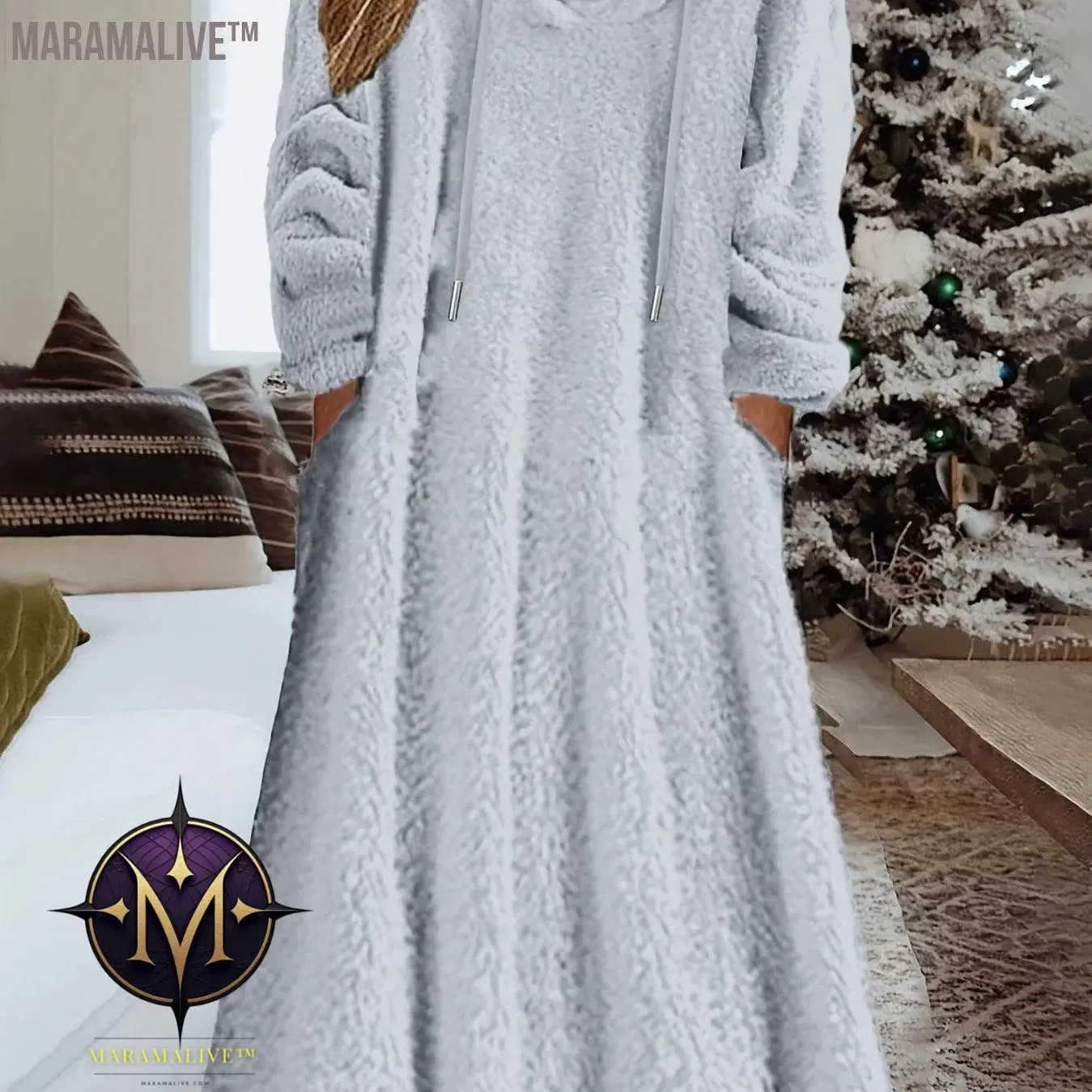 Plus Size Casual Dress, Women's Plus Solid Fleece Long Sleeve Drawstring Hooded Dress With Pockets