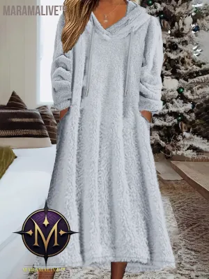 Plus Size Casual Dress, Women's Plus Solid Fleece Long Sleeve Drawstring Hooded Dress With Pockets