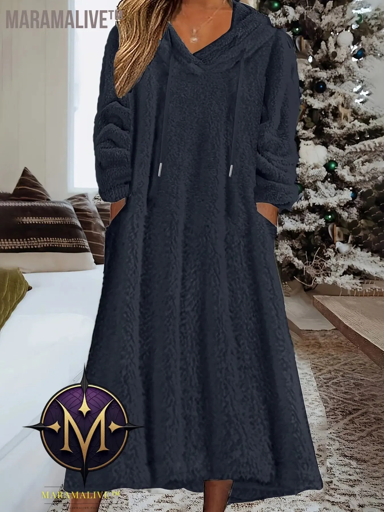 Plus Size Casual Dress, Women's Plus Solid Fleece Long Sleeve Drawstring Hooded Dress With Pockets
