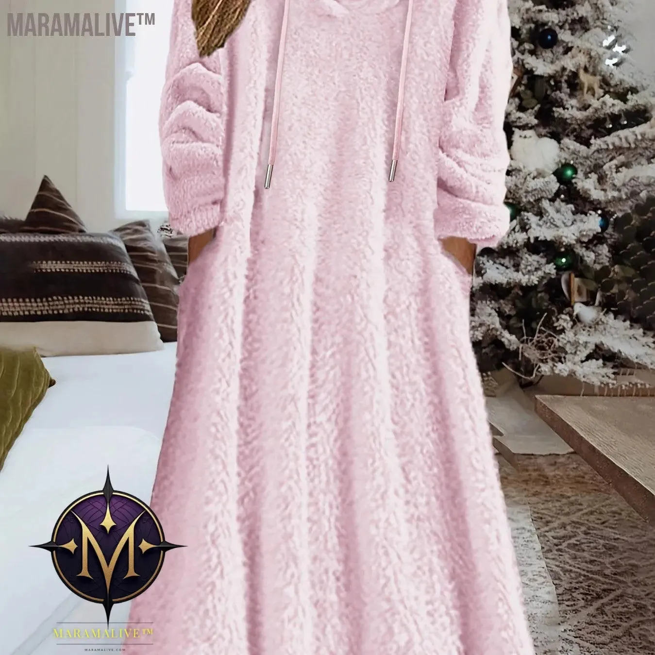 Plus Size Casual Dress, Women's Plus Solid Fleece Long Sleeve Drawstring Hooded Dress With Pockets