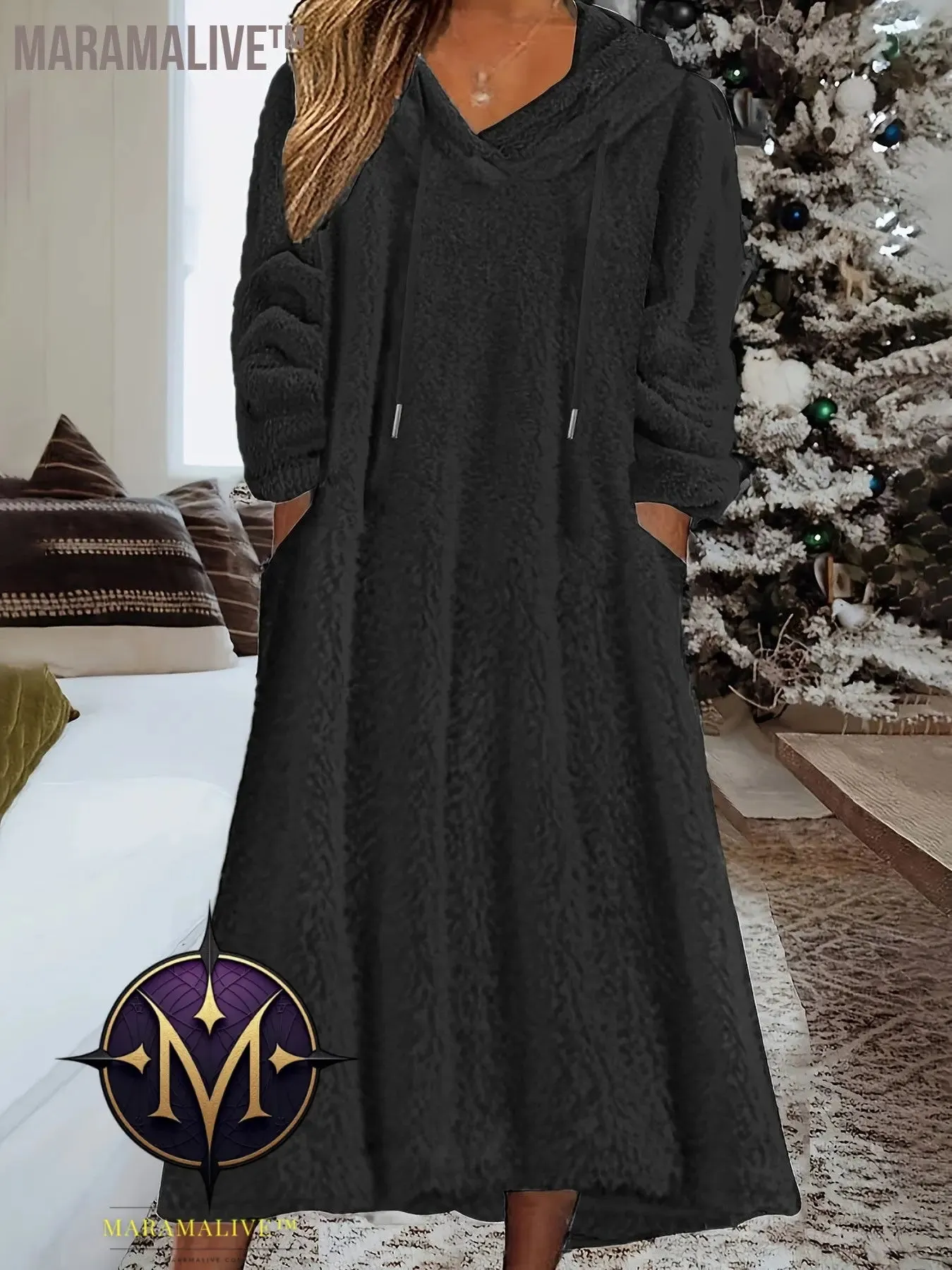Plus Size Casual Dress, Women's Plus Solid Fleece Long Sleeve Drawstring Hooded Dress With Pockets