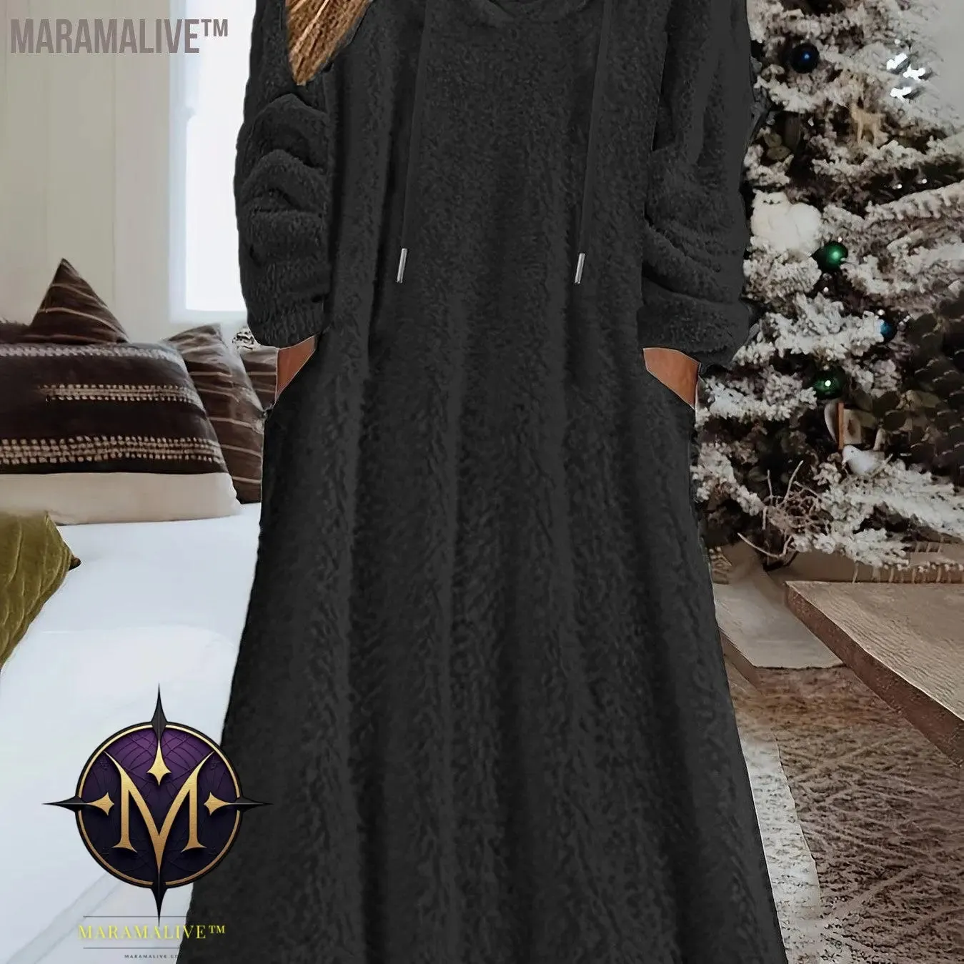 Plus Size Casual Dress, Women's Plus Solid Fleece Long Sleeve Drawstring Hooded Dress With Pockets