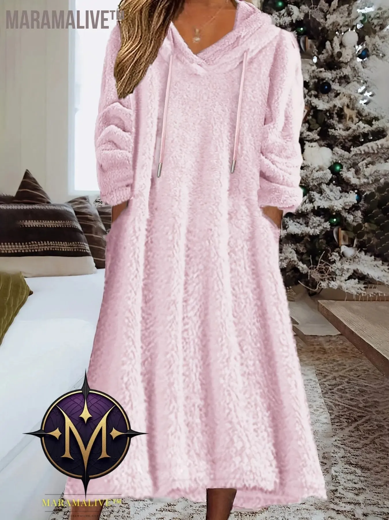 Plus Size Casual Dress, Women's Plus Solid Fleece Long Sleeve Drawstring Hooded Dress With Pockets