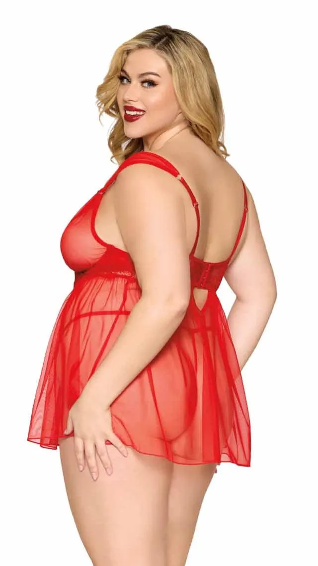 Plus Size Flirty Lace & Mesh Babydoll Set with G-String