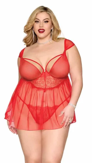 Plus Size Flirty Lace & Mesh Babydoll Set with G-String