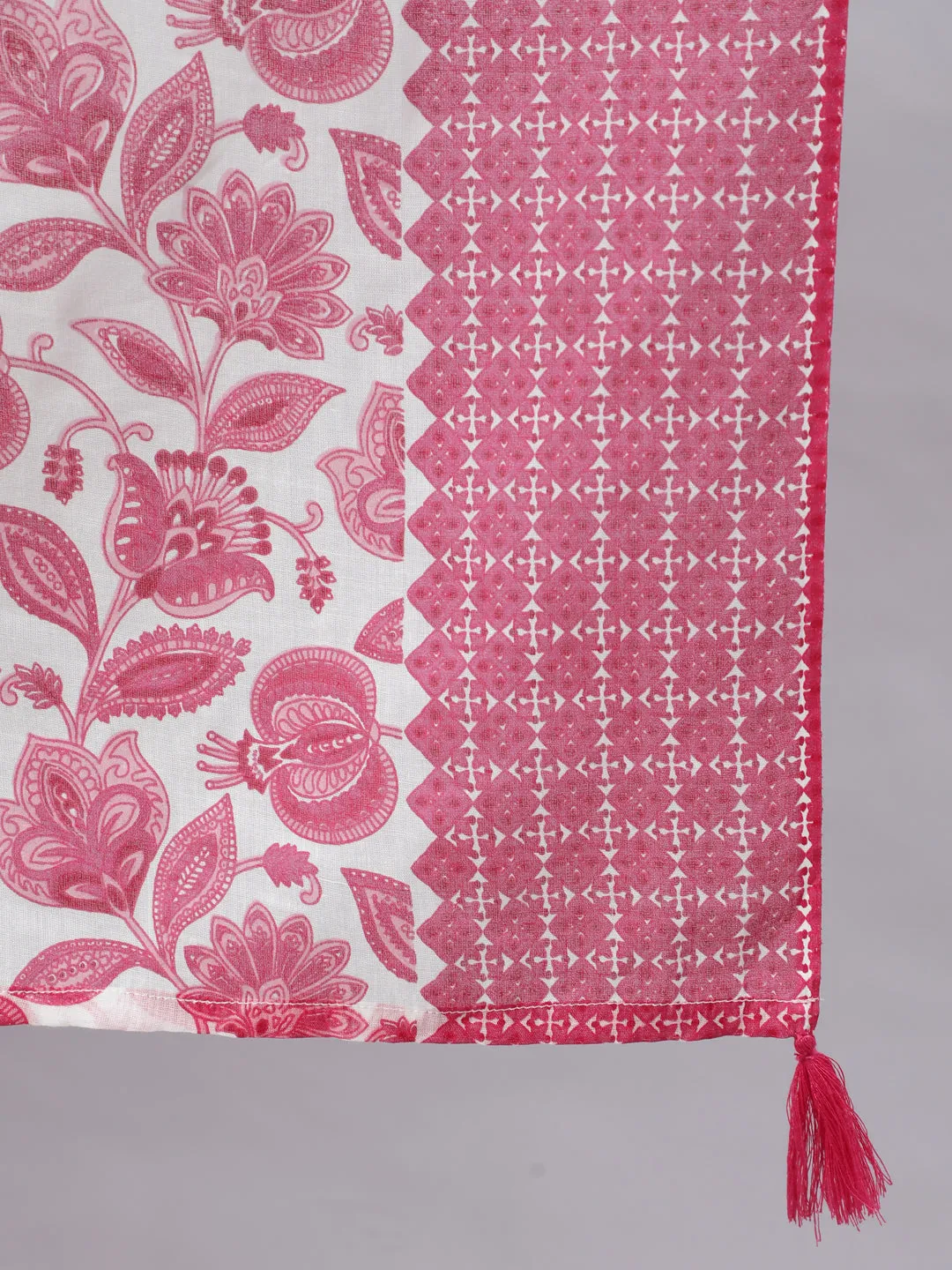 Plus Size Fuchsia Ethnic Floral Printed Embroidered Kurta With Printed Pants And Printed Dupatta