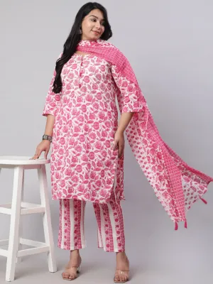 Plus Size Fuchsia Ethnic Floral Printed Embroidered Kurta With Printed Pants And Printed Dupatta