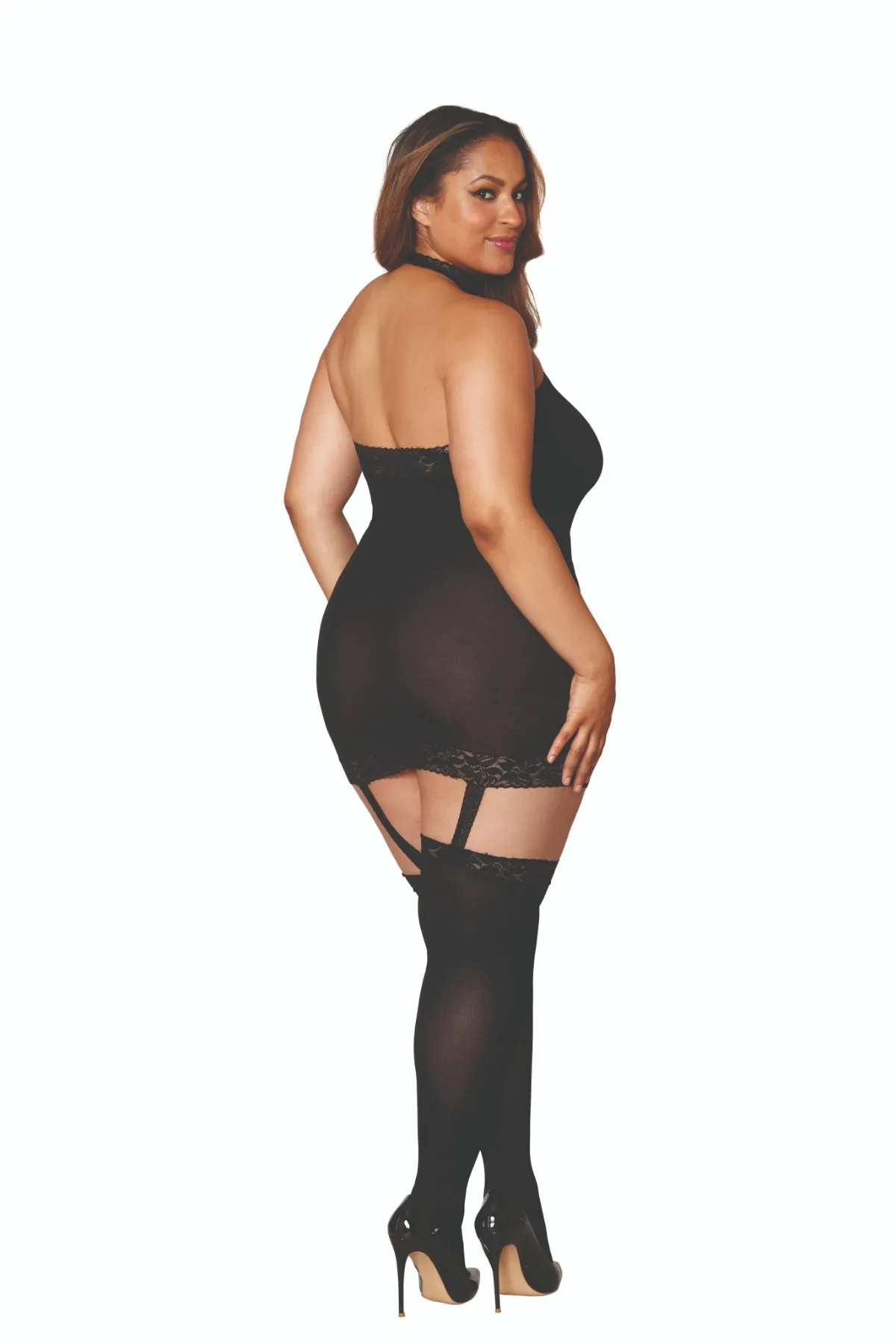 Plus Size Garter Bodystocking Dress with Thigh Highs