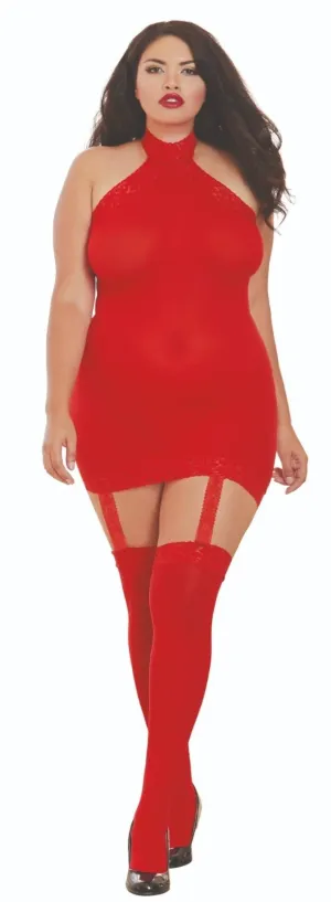 Plus Size Garter Bodystocking Dress with Thigh Highs