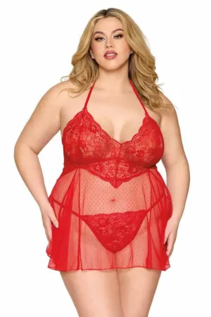 Plus Size Lace and Dot Mesh Babydoll Set