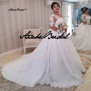Plus Size Lace Appliques Wedding Dresses Long Sleeves Lace Up Back