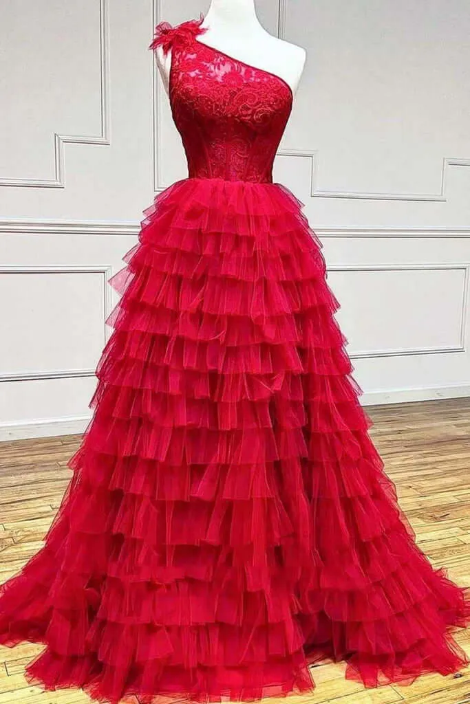Plus Size Lace Prom Dresses One Shoulder Multi-Tiered with Ruffles