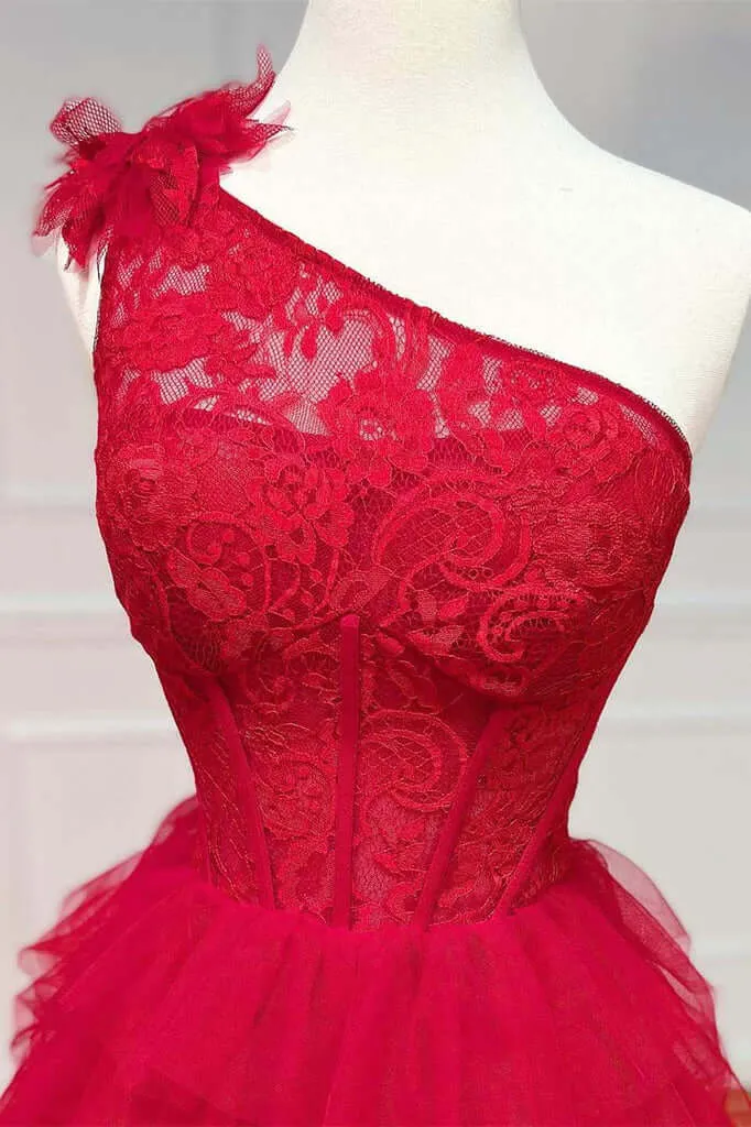 Plus Size Lace Prom Dresses One Shoulder Multi-Tiered with Ruffles