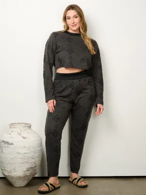 PLUS SIZE LONG SLEEVE CROP TOP & PANTS DISTRESSED 2PC. SET