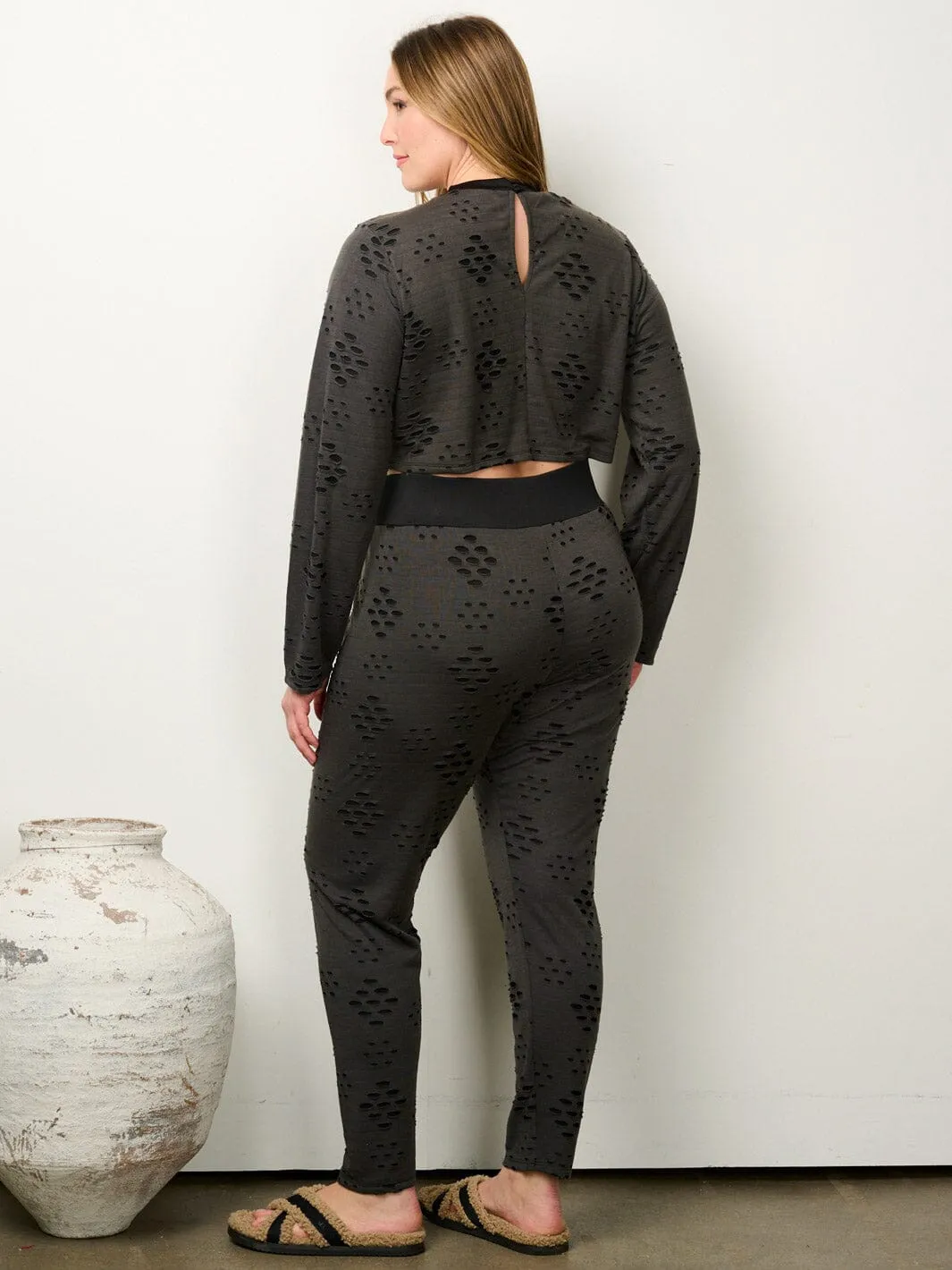 PLUS SIZE LONG SLEEVE CROP TOP & PANTS DISTRESSED 2PC. SET
