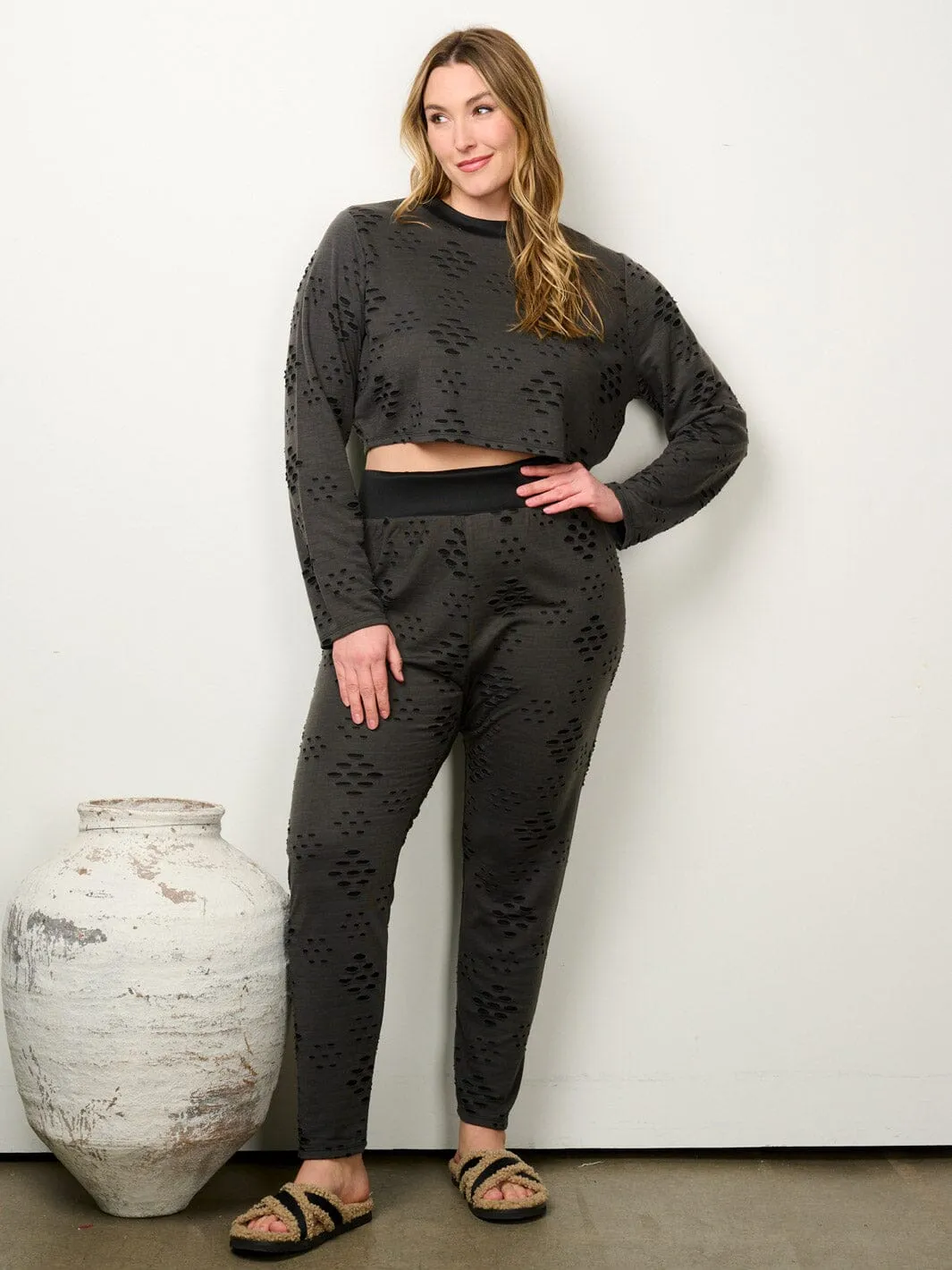 PLUS SIZE LONG SLEEVE CROP TOP & PANTS DISTRESSED 2PC. SET