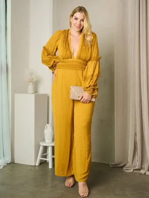 PLUS SIZE LONG SLEEVE V-NECK OPEN BACK SWISS DOT JUMPSUIT