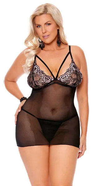 Plus Size Mesh Two Toned Scalloped Lace Babydoll