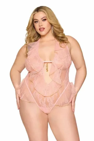 Plus Size Rose Soft Lace Dot Mesh Teddy