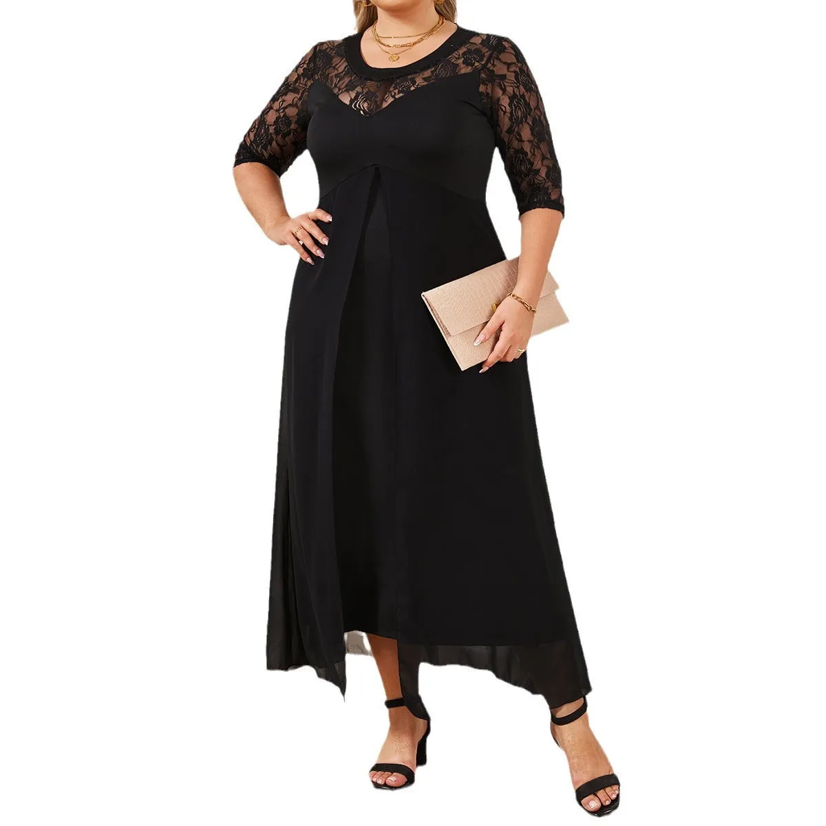 Plus Size Round Neck Lace Patchwork V-Neck Big Hem Dresses Wholesale Womens Clothing N3824080300001