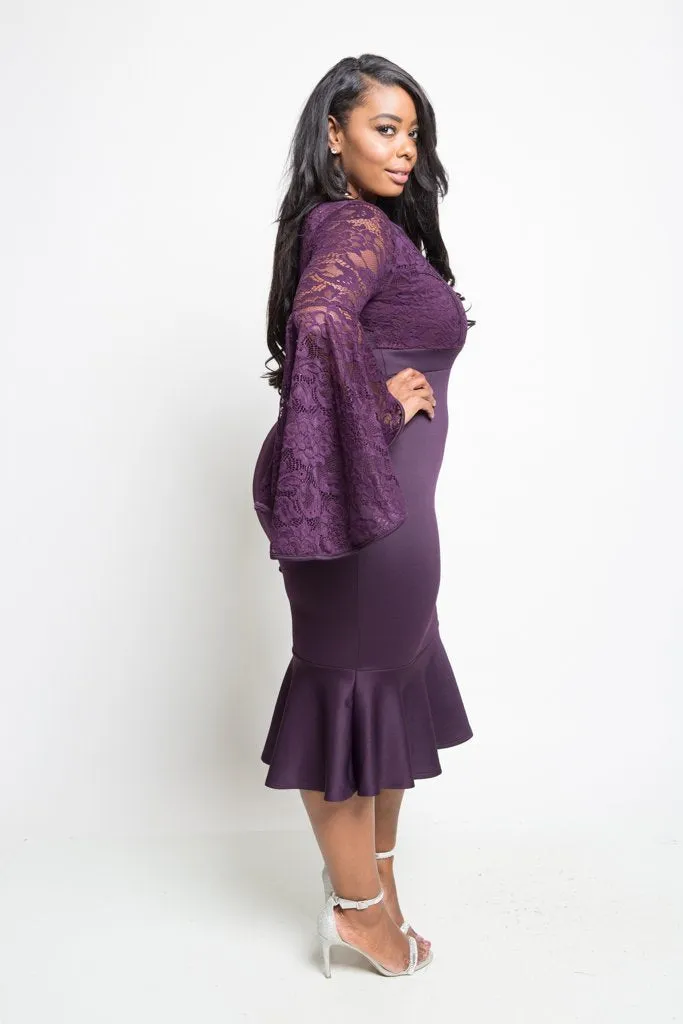 Plus Size See Through Lace Ruffle Midi Dress