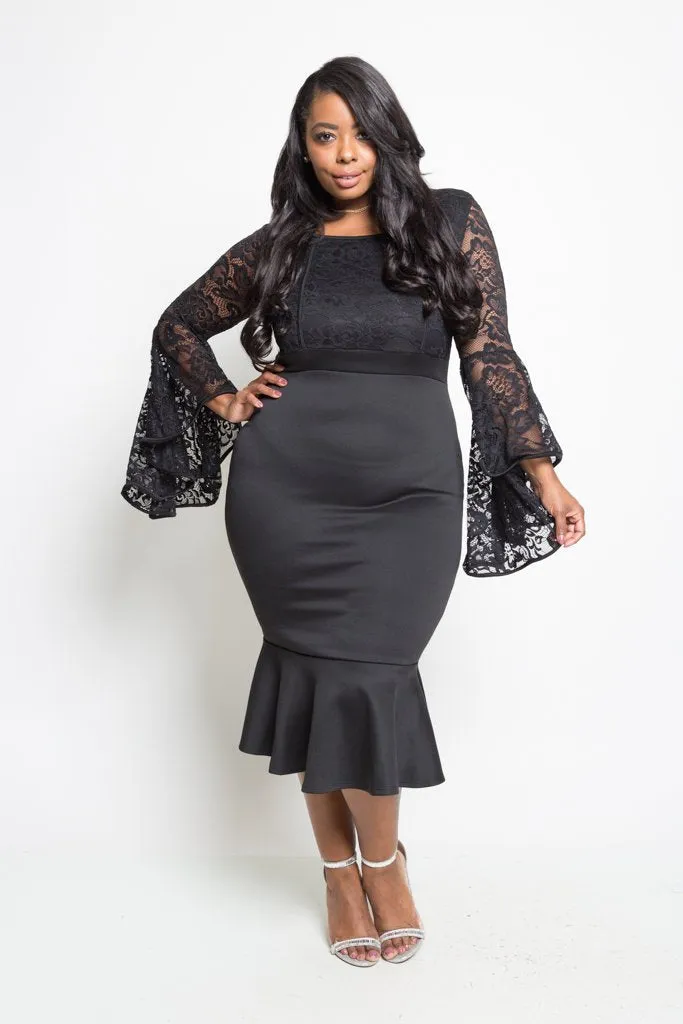 Plus Size See Through Lace Ruffle Midi Dress