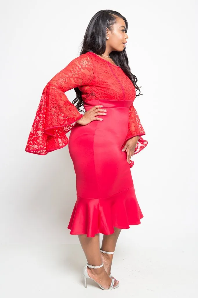 Plus Size See Through Lace Ruffle Midi Dress