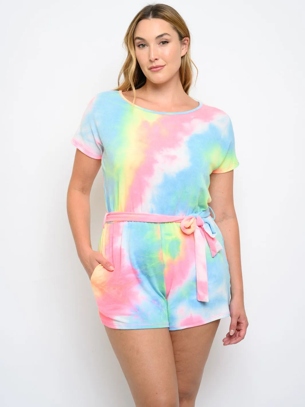 PLUS SIZE SELF TIE SHORT SLEEVE TIE DYE ROMPER