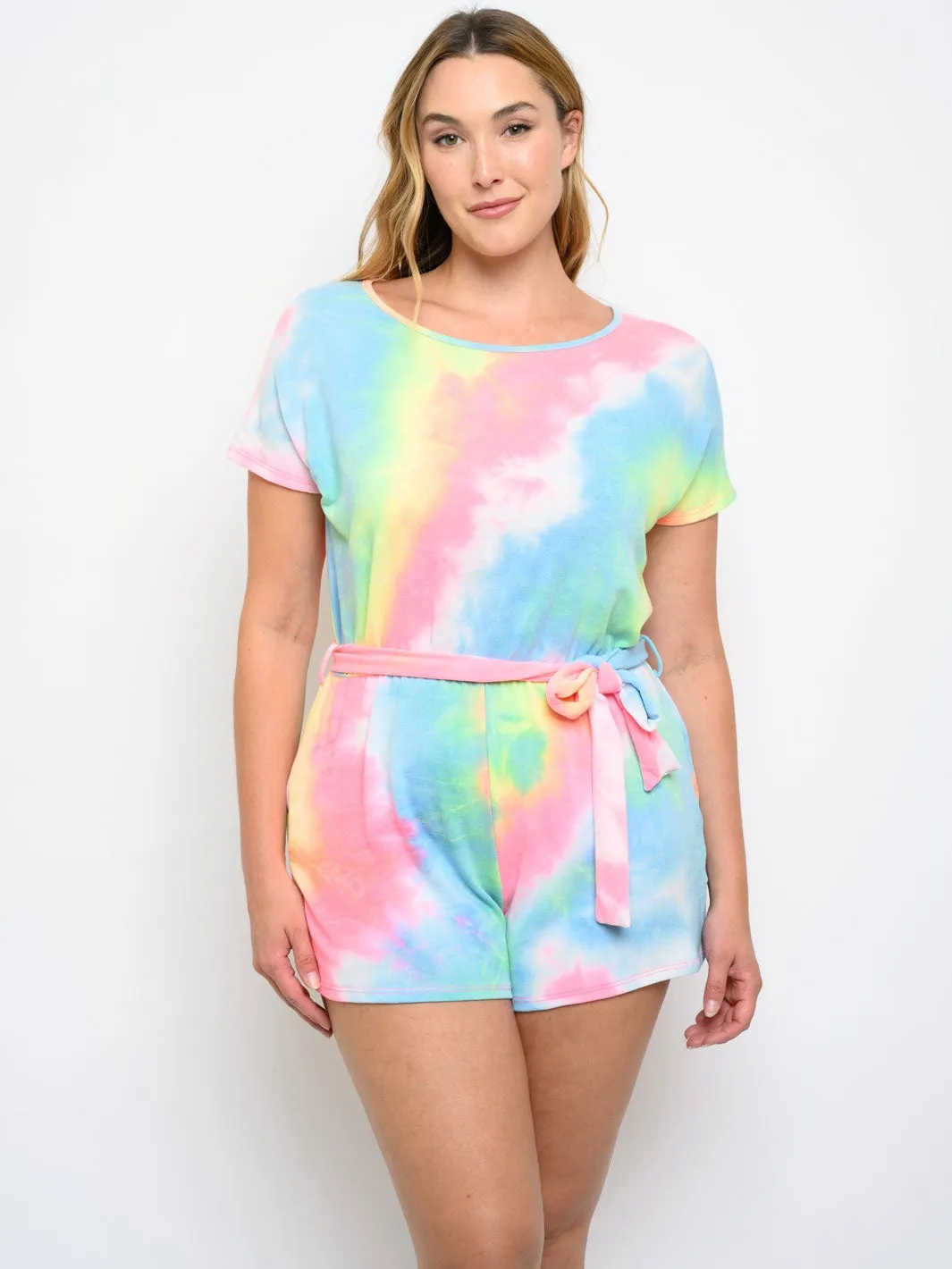 PLUS SIZE SELF TIE SHORT SLEEVE TIE DYE ROMPER