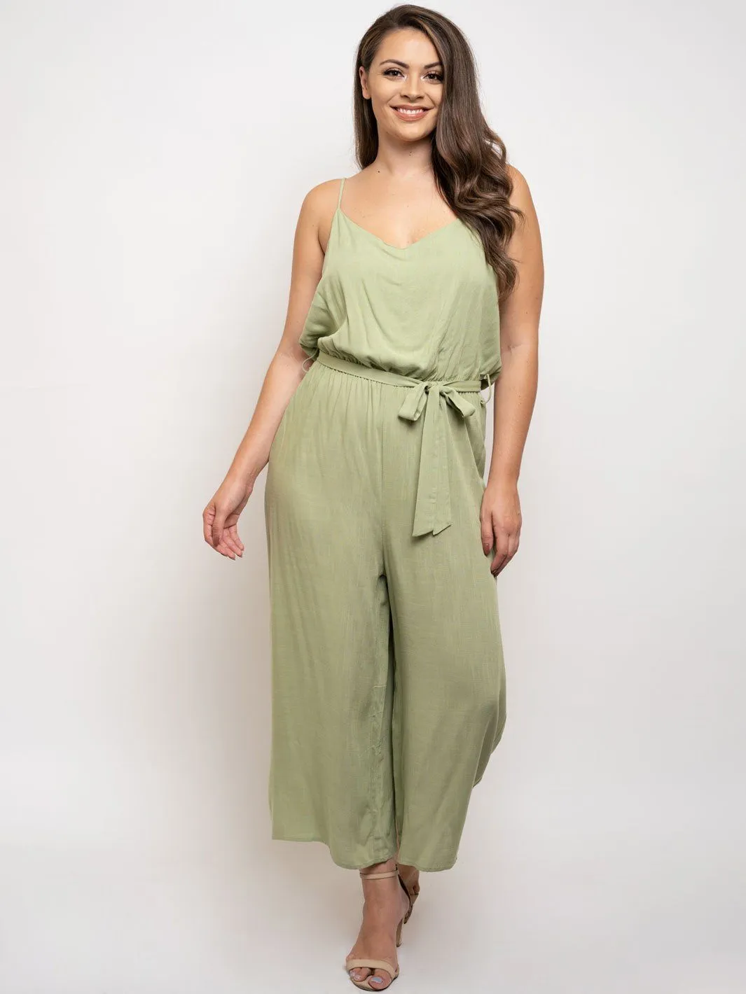 PLUS SIZE SELF TIE V-NECK JUMPSUIT