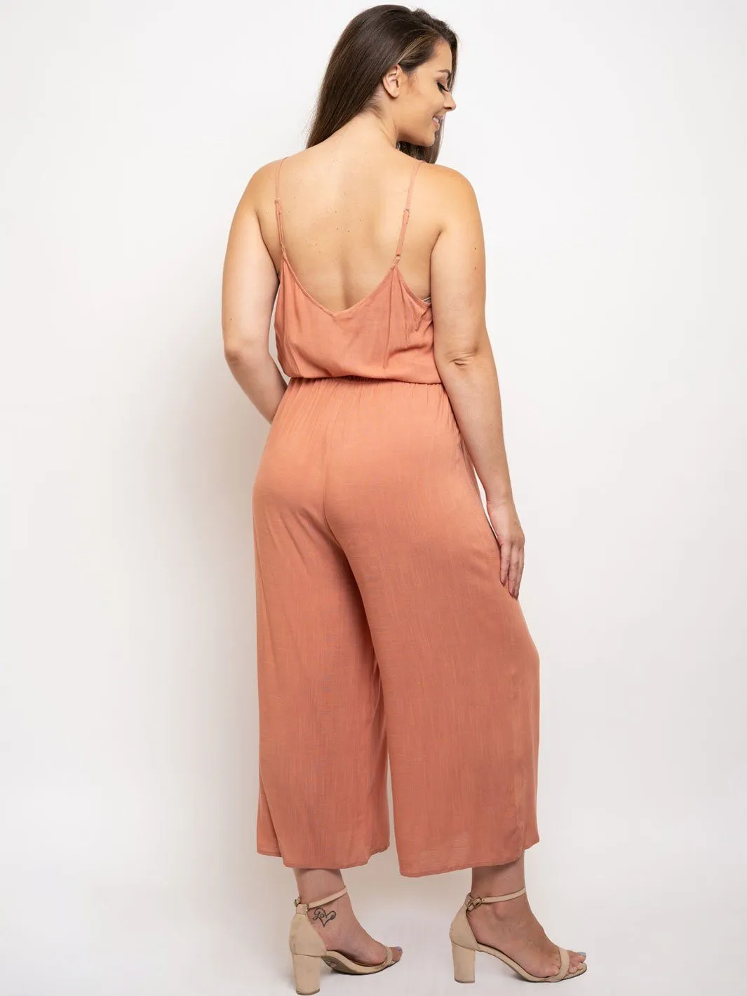 PLUS SIZE SELF TIE V-NECK JUMPSUIT