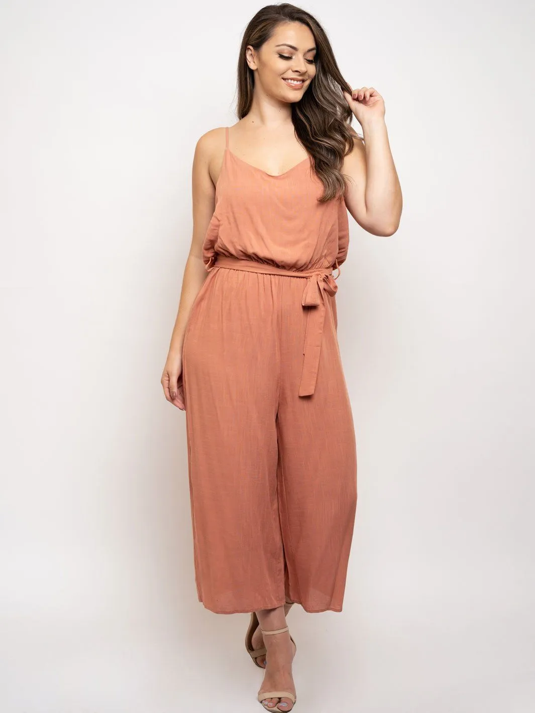 PLUS SIZE SELF TIE V-NECK JUMPSUIT