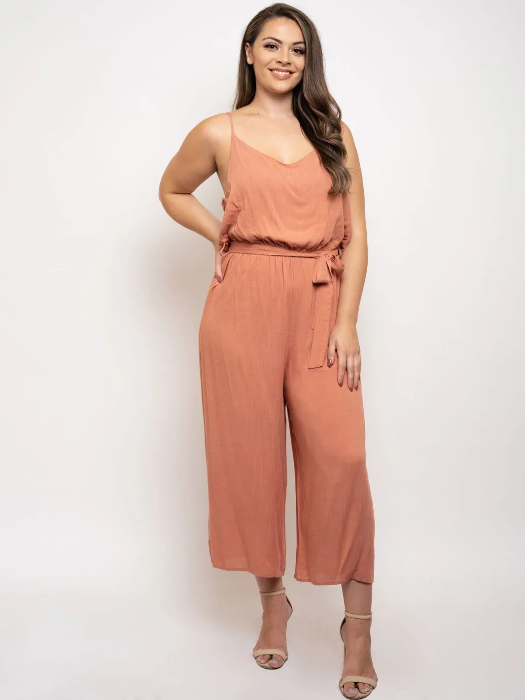 PLUS SIZE SELF TIE V-NECK JUMPSUIT