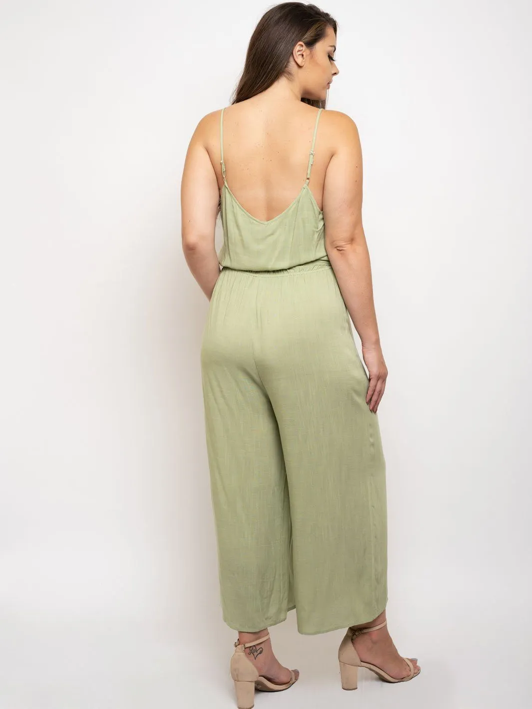 PLUS SIZE SELF TIE V-NECK JUMPSUIT