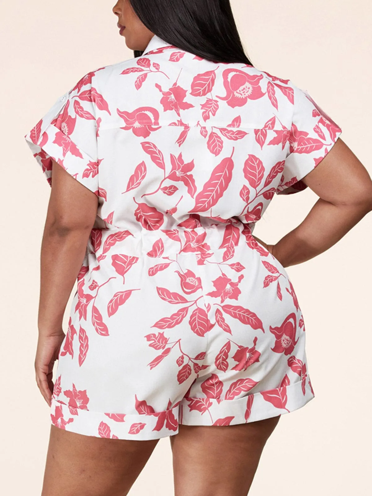 PLUS SIZE SHORT SLEEVE BUTTON UP FLORAL SELF TIE ROMPER