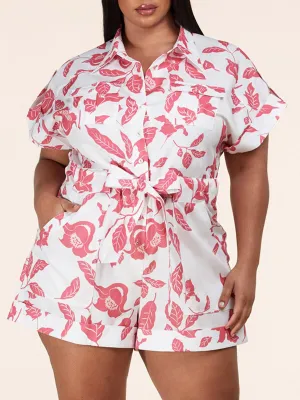 PLUS SIZE SHORT SLEEVE BUTTON UP FLORAL SELF TIE ROMPER