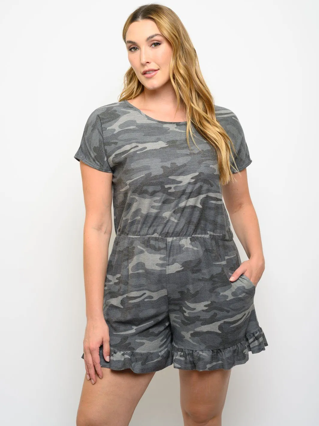 PLUS SIZE SHORT SLEEVE CAMO PRINT ROMPER