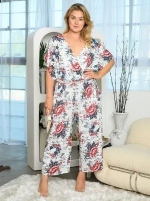 PLUS SIZE SHORT SLEEVE POCKETS FLORAL JUMPSUIT