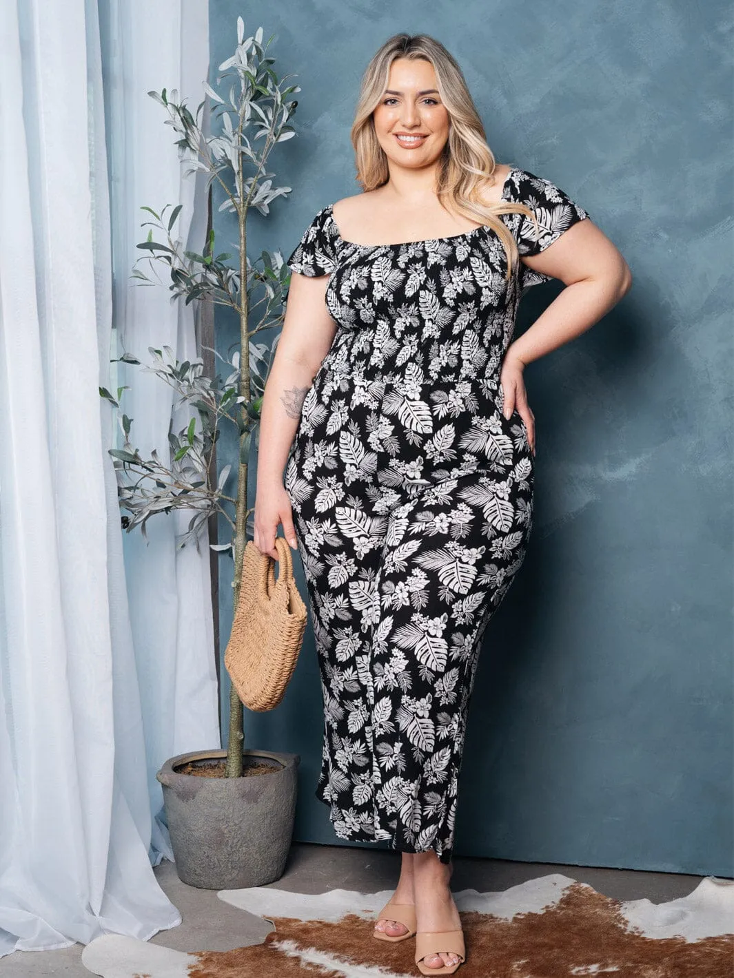 PLUS SIZE SHORT SLEEVE SMOCK FLORAL JUMPSUIT