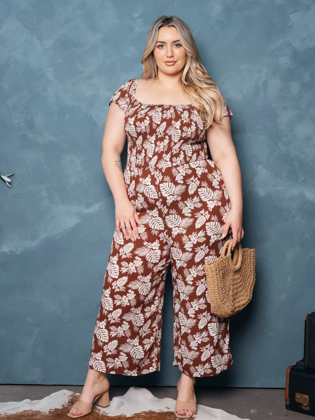 PLUS SIZE SHORT SLEEVE SMOCK FLORAL JUMPSUIT