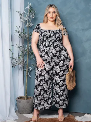 PLUS SIZE SHORT SLEEVE SMOCK FLORAL JUMPSUIT