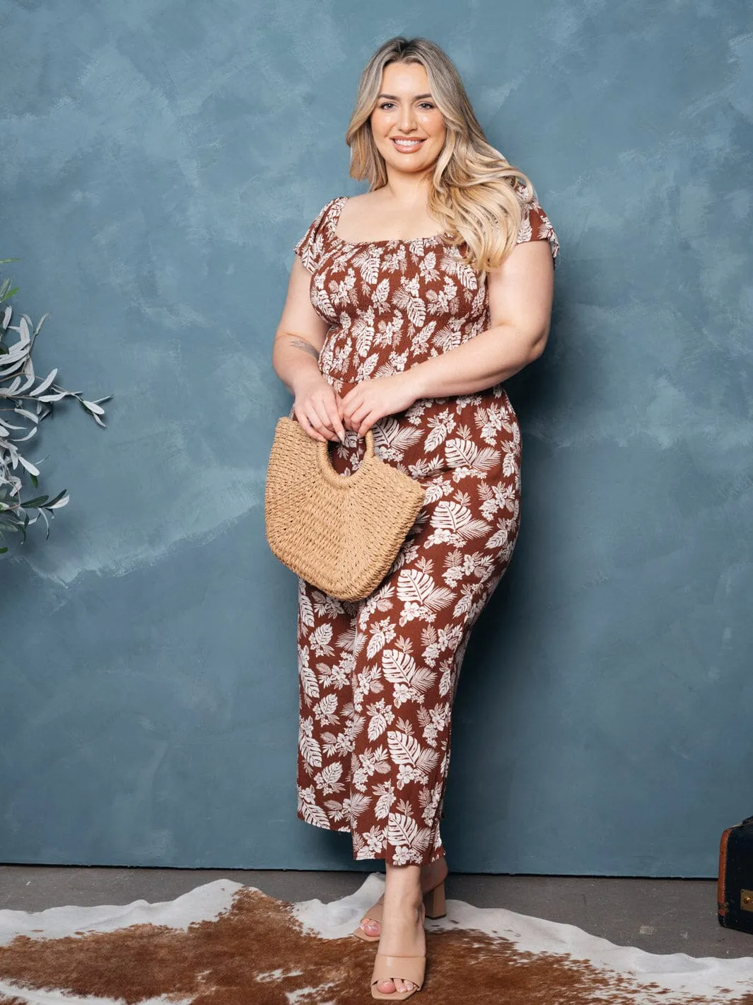 PLUS SIZE SHORT SLEEVE SMOCK FLORAL JUMPSUIT