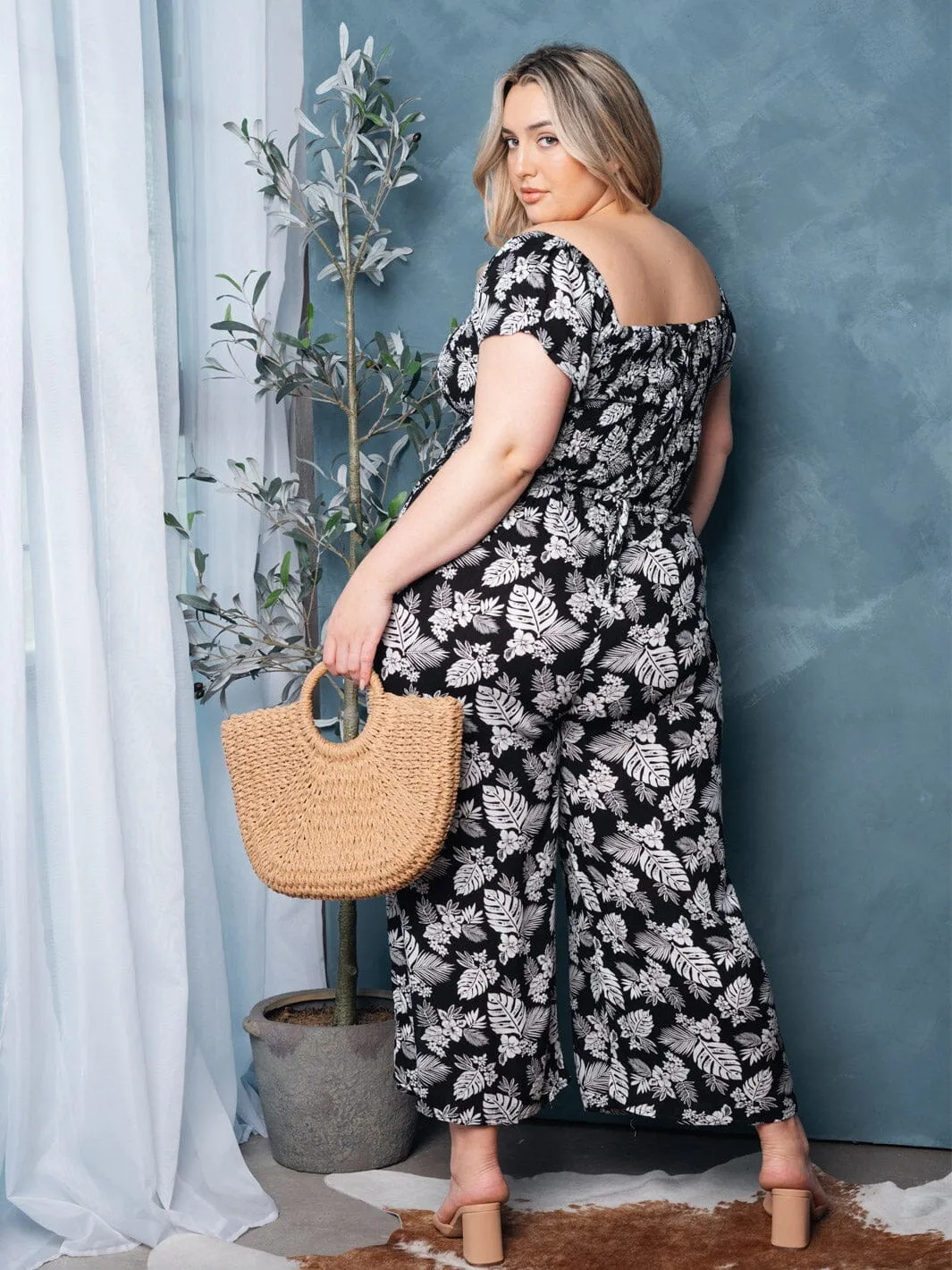 PLUS SIZE SHORT SLEEVE SMOCK FLORAL JUMPSUIT