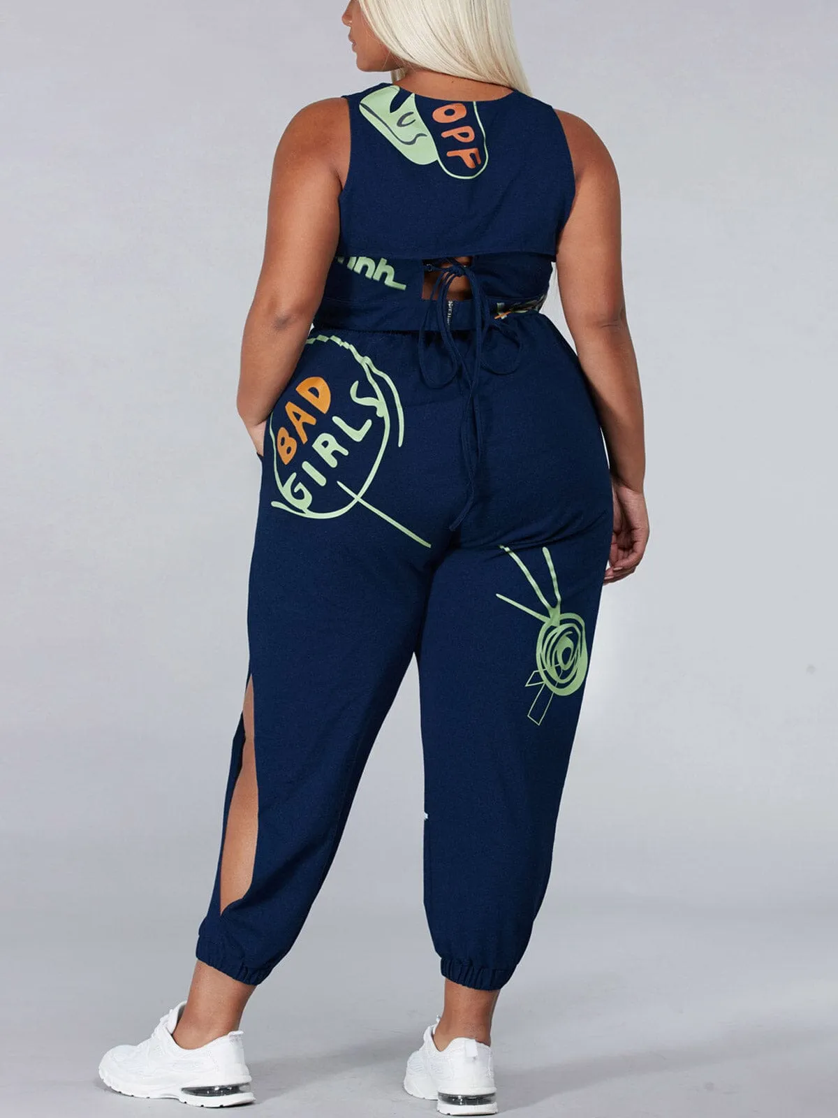 PLUS SIZE SLEEVELESS 3PC. TOP & PANTS GRAPGIC SET