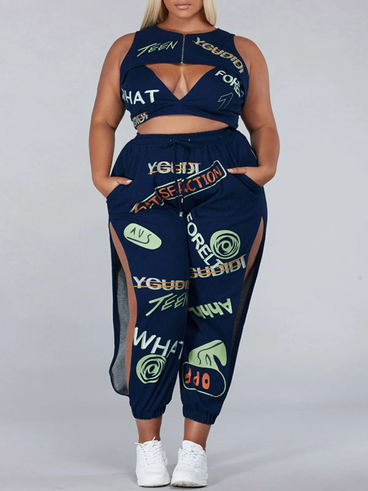 PLUS SIZE SLEEVELESS 3PC. TOP & PANTS GRAPGIC SET