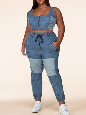 PLUS SIZE SLEEVELESS CROP TOP & ELASTIC WAIST PANTS DENIM 2PC.SET