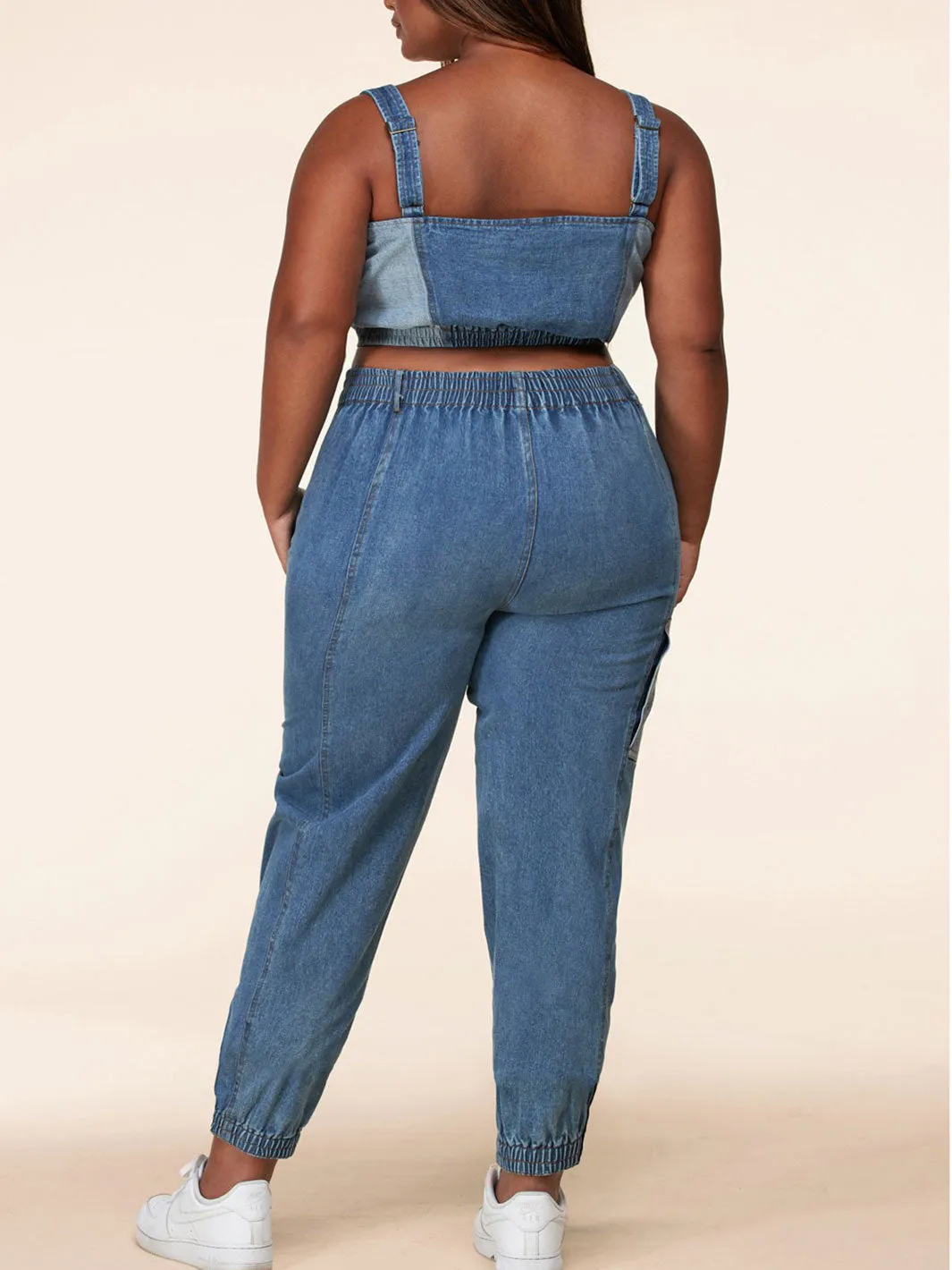PLUS SIZE SLEEVELESS CROP TOP & ELASTIC WAIST PANTS DENIM 2PC.SET