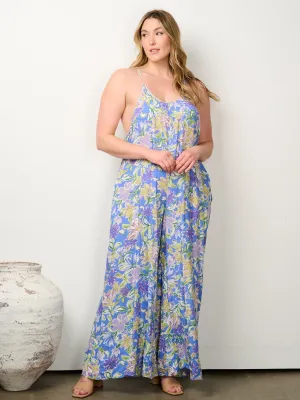 PLUS SIZE SLEEVELESS POCKETS V-NECK FLORAL WIDE LEG JUMPSUIT
